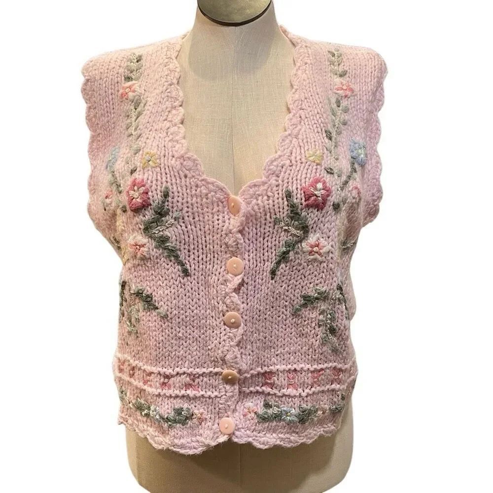 Vtg Womens Hand Knit Embroidered Pink Sweatervest L Floral Cottagecore Scalloped